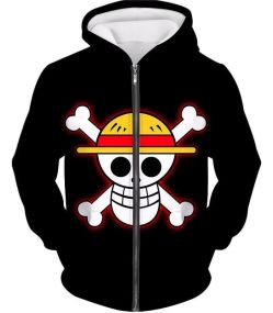 One Piece Pirate Crew Straw Hat Logo Cool Black Zip Up Hoodie OP114