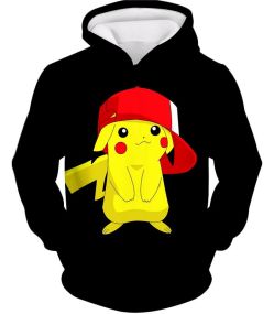 Cute Pikachu with Ash??s Cap Cool Black Hoodie