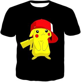 Cute Pikachu with Ash??s Cap Cool Black T-Shirt