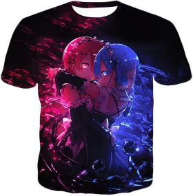 Re:Zero Wonderful Anime Twin Maids Rem and Ram Cute Black T-Shirt RE048