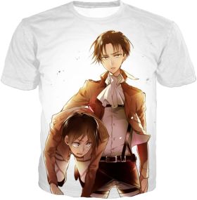 Attack on Titan Captain Levi X Eren Yeager Cool Anime Promo White T-Shirt AOT056