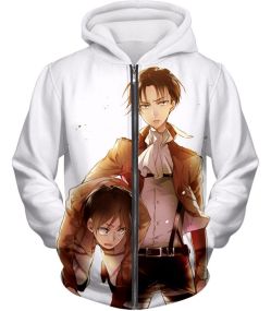 Attack on Titan Captain Levi X Eren Yeager Cool Anime Promo White Zip Up Hoodie AOT056