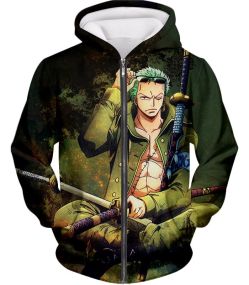 One Piece Cool Straw Hat Pirates First Man Roronoa Zoro Awesome Zip Up Hoodie OP070
