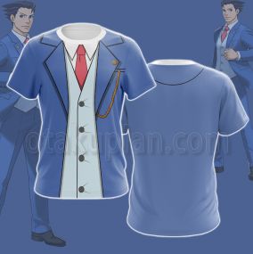 Ace Attorney Naruhodou Ryuuichi Blue Suit Cosplay T-Shirt