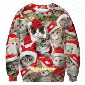 Adorable Cat With Red Hat 3D All Over Print Ugly Christmas Sweatshirt