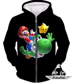 Cool Mario on Yoshi with Yellow Luma Awesome Black Zip Up Hoodie Mario020