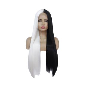 Multiple Size Women Half White and Half Black Long Straight Lace Front Wigs