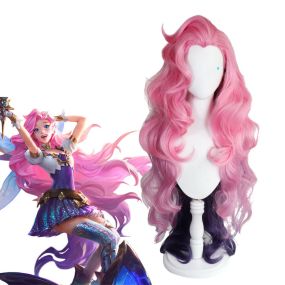 Game LOL KDA All Out Seraphine 100cm Long Pink Gradient Purple Wavy Cosplay Wigs