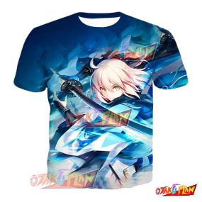 Fate Grand Order Blue Saber Okita Souji Anime Action T-Shirt FGO208