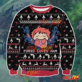 Ghibli Studio Ponyo Loves Ham 3D Print Ugly Christmas Sweatshirt