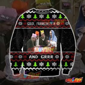 Gold Frankenstein And Grr Knitting Pattern 3D Print Ugly Christmas Sweatshirt