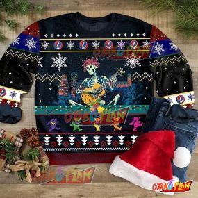 Grateful Dead Christmas New Year Winter Bears Guitar Playing Skull 3D Print Ugly Christmas Sweatshirt