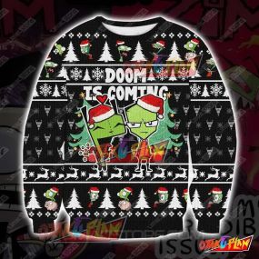 Invader Zim Doom Is Coming Black Knitting Pattern 3D Print Ugly Christmas Sweatshirt