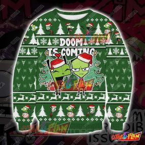 Invader Zim Doom Is Coming Green Knitting Pattern 3D Print Ugly Christmas Sweatshirt