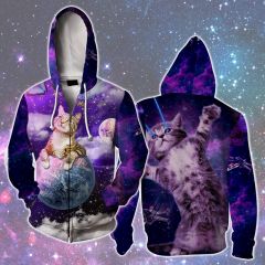Cat And Butterfly In Space Zip Up Hoodie